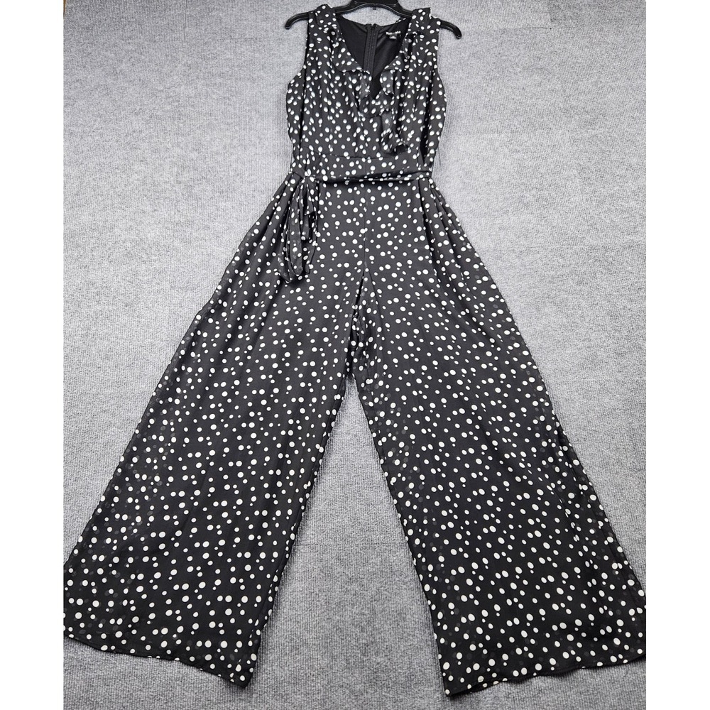 Roz & Ali Black White Polka Dot Wide Leg Jumpsuit Ruffle V-Neck Sleeveless 14